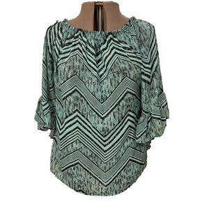 K M C. Sz 1X? (See Measurements). Semi Sheer Chiffon Elastic Neck Top. USA. B92.